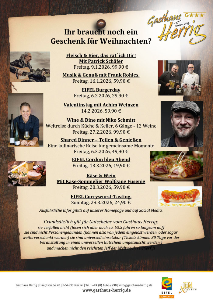 Gutscheine zu Weihnachten 2026 im Gasthaus Herrig erhältlich! Gutscheine zu Weihnachten 2026 im Gasthaus Herrig erhältlich!